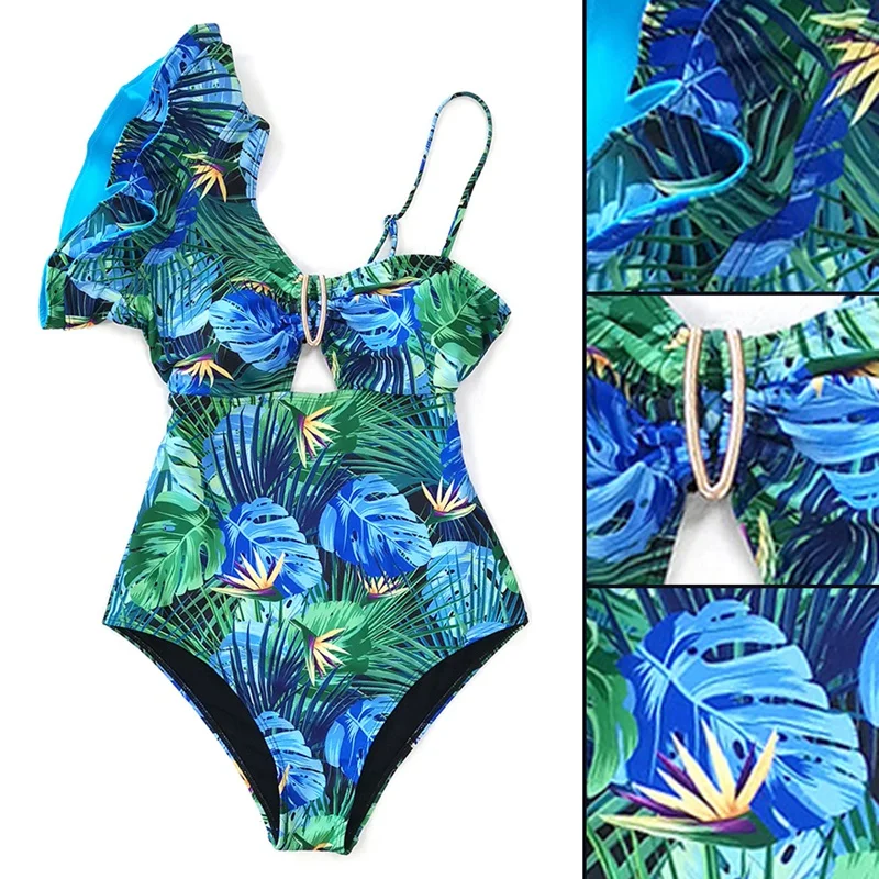 

One Piece Swimsuit Women Swimwear Push Up Monokini Print Bandage One Shoulder Bathing Suit Bodysuit Beach Wear