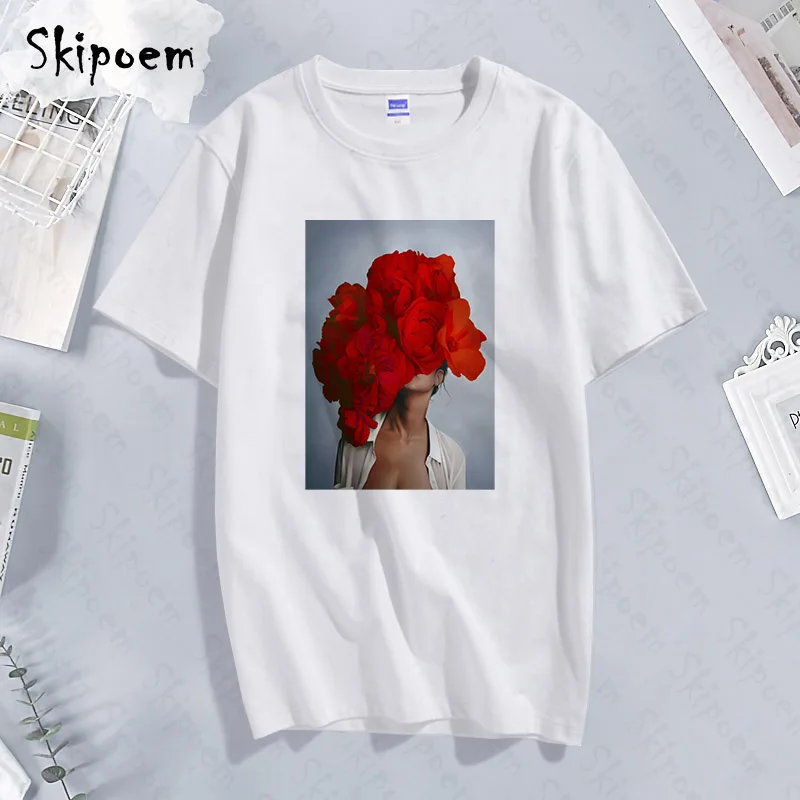 Модная эстетичная футболка в скандинавском стиле с красными цветами Харадзюку