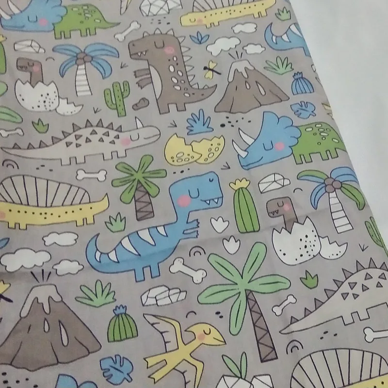 

100% Cotton viaPhil Brand Grey Various Cartoon Dinosaur Printed Fabric Patchwork Cloth Dress Home Decor 50x160cm