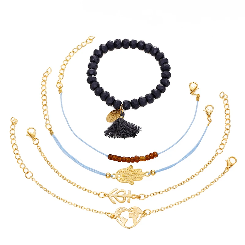 5 шт./компл. женские плетеные браслеты с бусинами и кисточками|Браслеты шармами| |