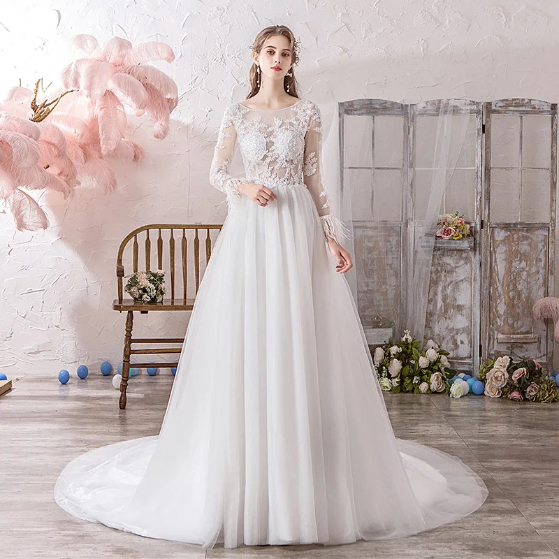 

Noble Lace O Neck Full Sleeve Wedding Dress Simple Illusion Plus Size Lace Up A-line With Train Bride Gown Robe De Mariee L