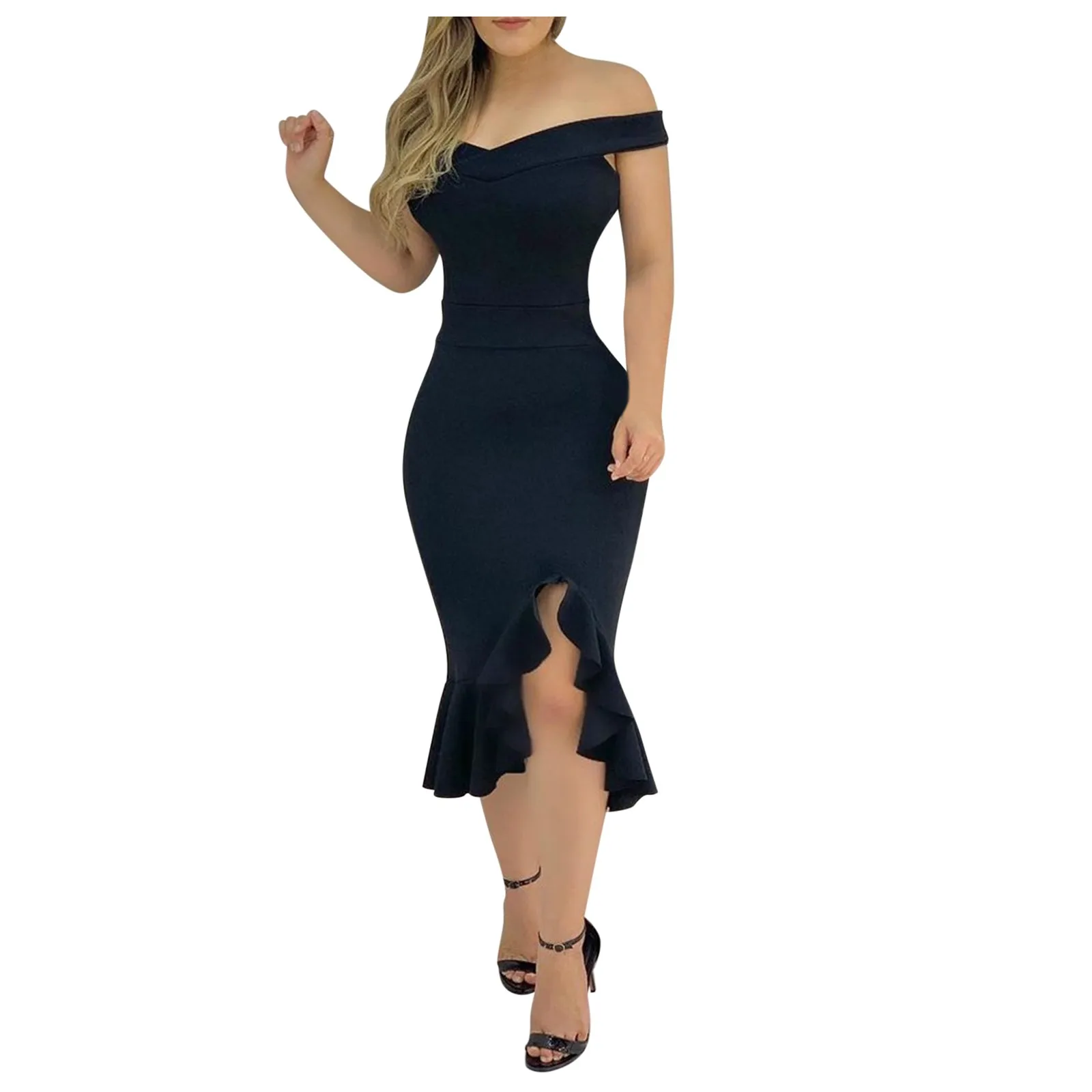 Женское модное однотонное платье простое с открытыми плечами и оборками