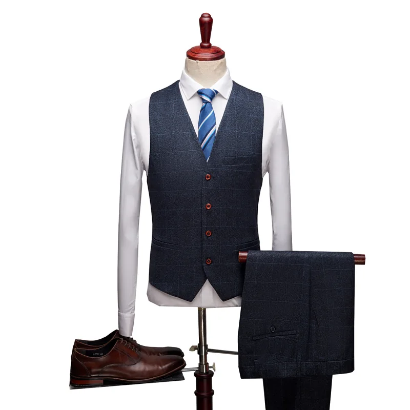 

Men's Business Formal Plaid Blazers Suits Slim Fit 3 Piece Prom Navy Blue Mens Wedding Party Suits Tuxedo