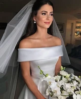 simple a line wedding dresses satin off the shoulder sweep train boat neck wedding bridal gowns casual zipper with buttons back