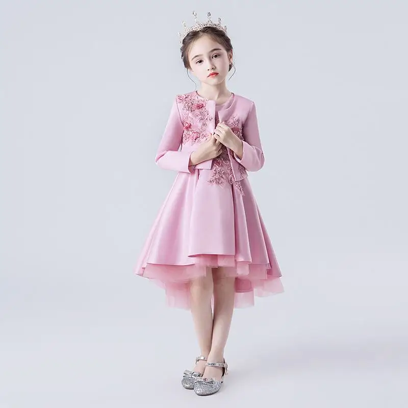 Pink with shawl Детские вечерние кружевные платья с аппликацией для девочек торжественное свадебное платье для девочек-подростков+ пальто, 2 предмета, детские платья принцессы с блестками и жемчугом, Q189 - Цвет: Pink with shawl