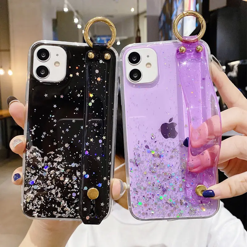 

Wrist Strap Phone Case For iPhone 11 12 Pro Max 12 Mini XS Max XR X 8 7 6s 6 Plus SE 2020 Glitter Clear Silicone Cover Case
