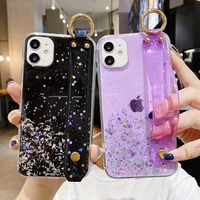 wrist strap phone case for iphone 11 12 pro max 12 mini xs max xr x 8 7 6s 6 plus se 2020 glitter clear silicone cover case