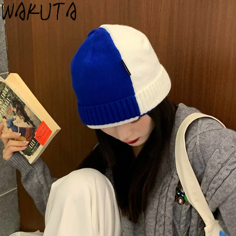Вязаная шапка WAKUTA в Корейском стиле винтажная шапка-свитер с цветными блоками