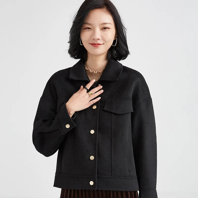 

Женское двухстороннее шерстяное пальто, однотонное двубортное пальто с короткими лацканами, Осень-зима 2021