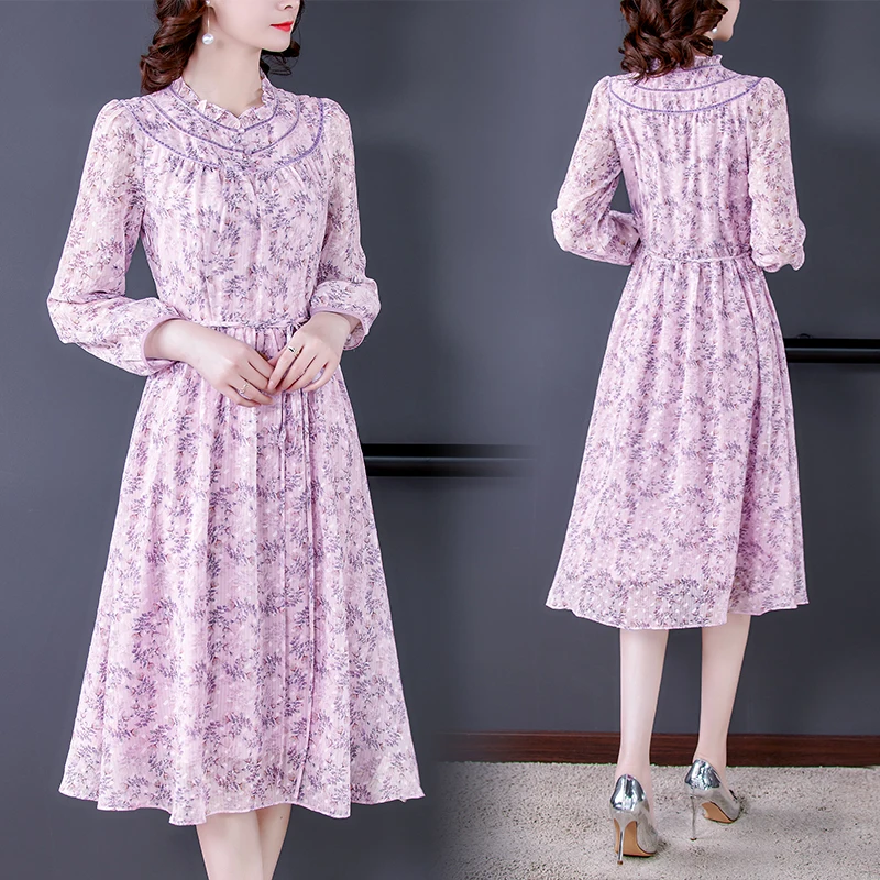 

COIGARSAM 3XL Plus Size French Style Chiffon Women dress New Spring Floral Print Zipper Dresses Design And Color 9565