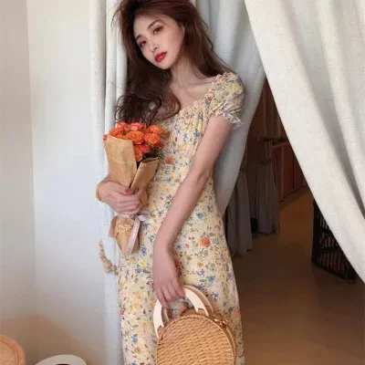 Женское платье с круглым вырезом коротким рукавом и высокой талией|Женские