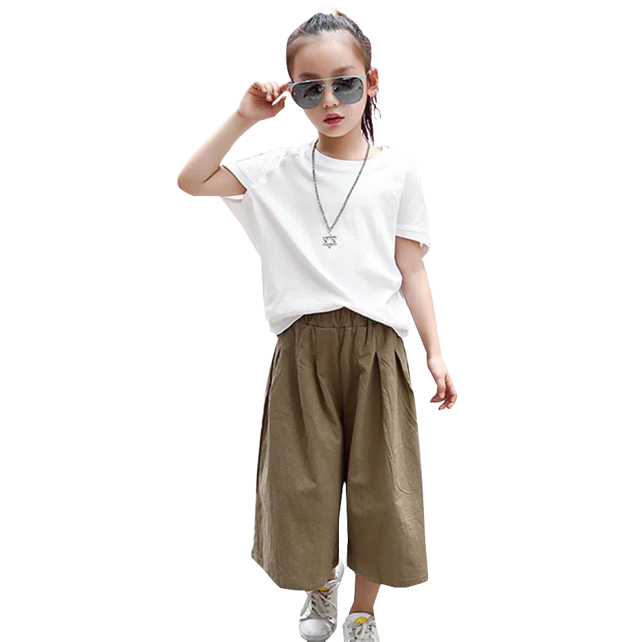 Одежда для подростков белая футболка + широкие штаны детская одежда из 2