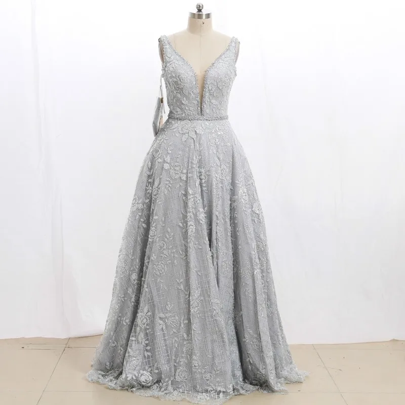Kisswhite Stock Clean Prom Gowns V Neck 2021 Gray Sleeveless Applique Sashes Lace Up Back Formal Dress Long 210219-088