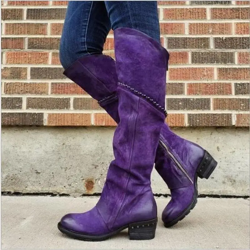 Женские сапоги выше колена из искусственной кожи на среднем каблуке | Обувь