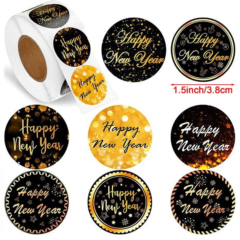 

500PCS/roll Happy New Year Sticker Gold Glitter Labels Gift Cards Decoration