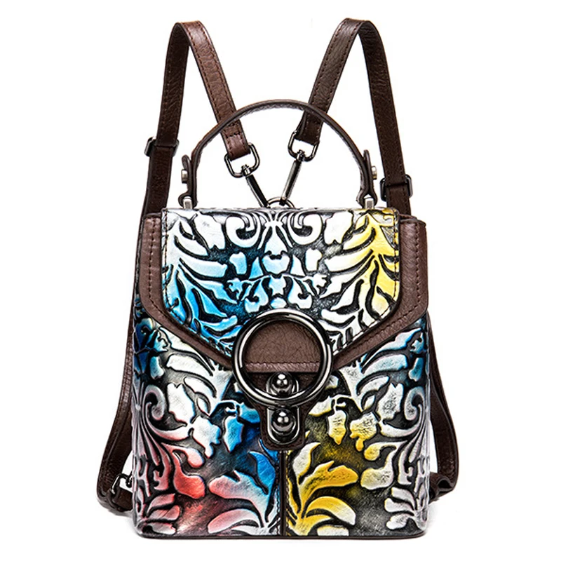 

2020 Vintage Cowhide Backpack Women Flower Females Real Leather Shoulder Bags Summer Girls Female Genuine Leather Pack Bags H456