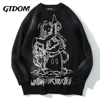 gtdom oversize black pullover sweaterss for men spring o neck long sleeve print cartoons hip hop clothes knitted men sweaters