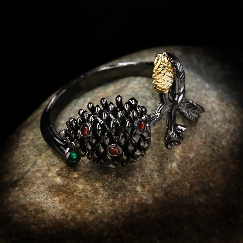925 из стерлингового серебра рубиновое бутон тычинки кольцо черного золота s для