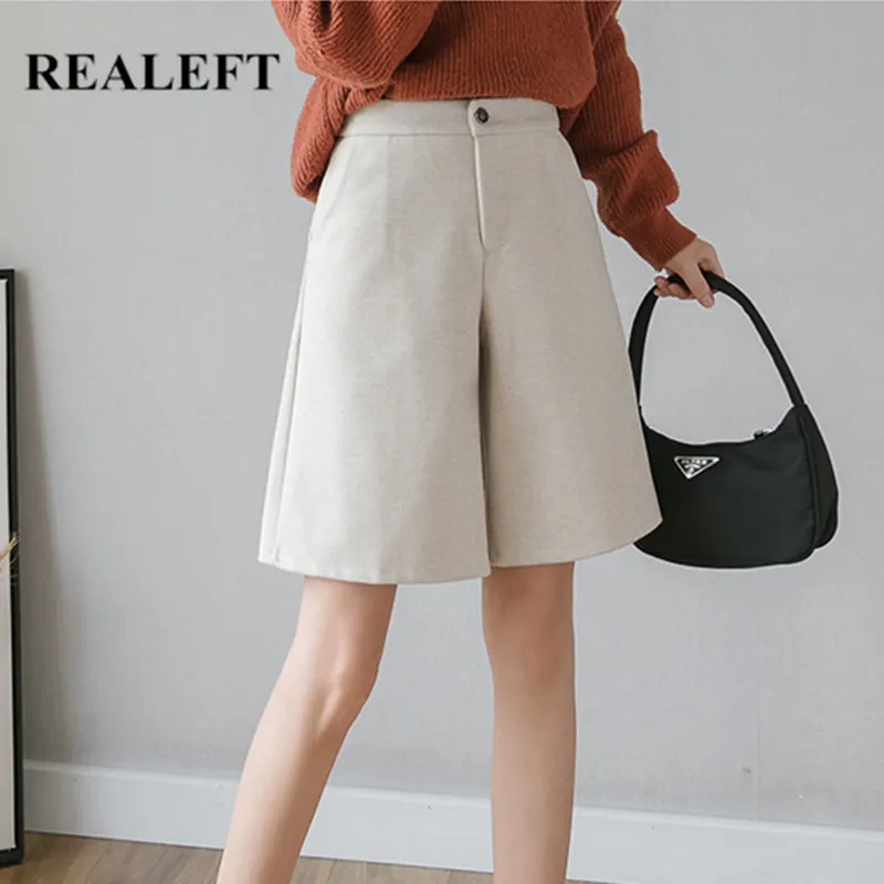 Женские шерстяные брюки с высокой талией REALEFT повседневные широкие карманами на