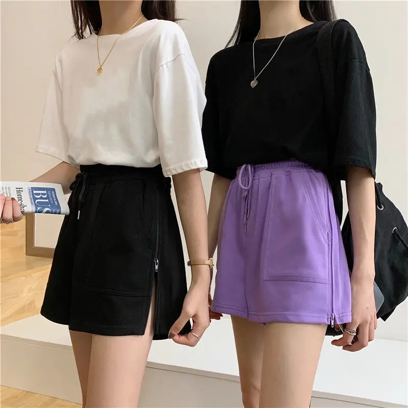 

Shorts Women Candy Colors Plus Size M-4XL Baggy Wide-leg Side-zipper Harajuku Students Running Short Trousers Drawstring Outwear