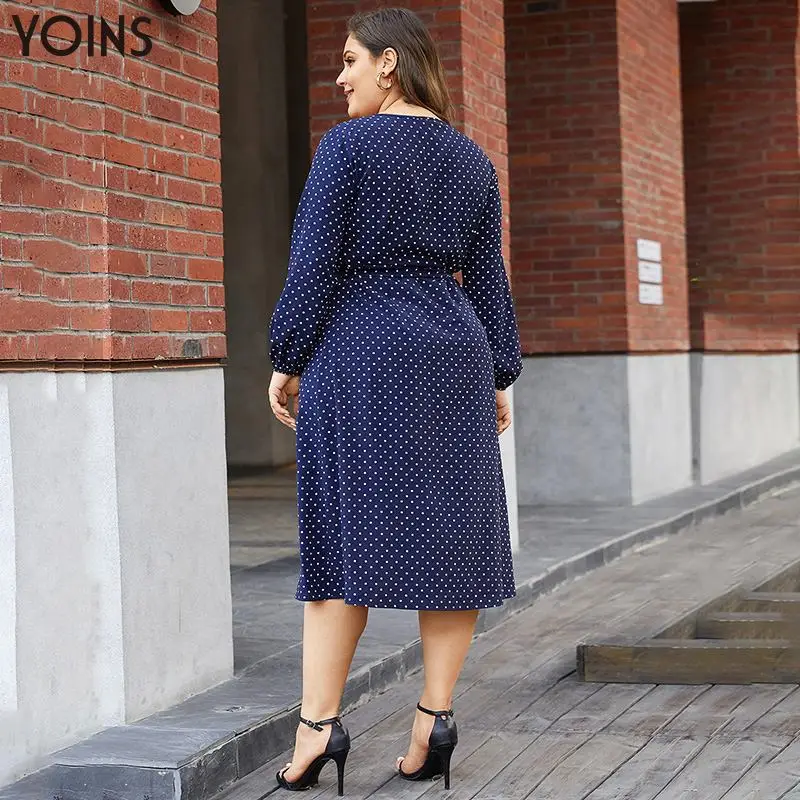 Женское богемное платье миди YOINS винтажное в горошек с v образным вырезом поясом и