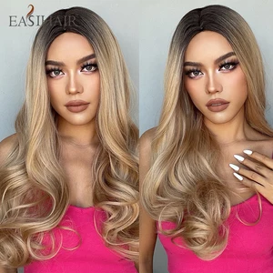 EASIHAIR Long Wavy Brown Blonde Ombre Synthetic Wigs for Women Natural Hair Cosplay Wigs Heat Resistant Dark Brown Root Wigs