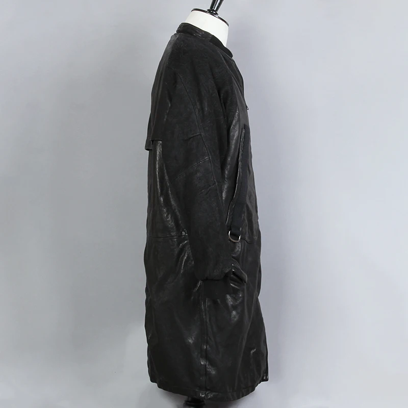 

Washed 2021 Fashion Sheepskin Long Genuine Leather Coat Men Sheepskin Embossed Sleeve Stand Collar Real Leather Jacket