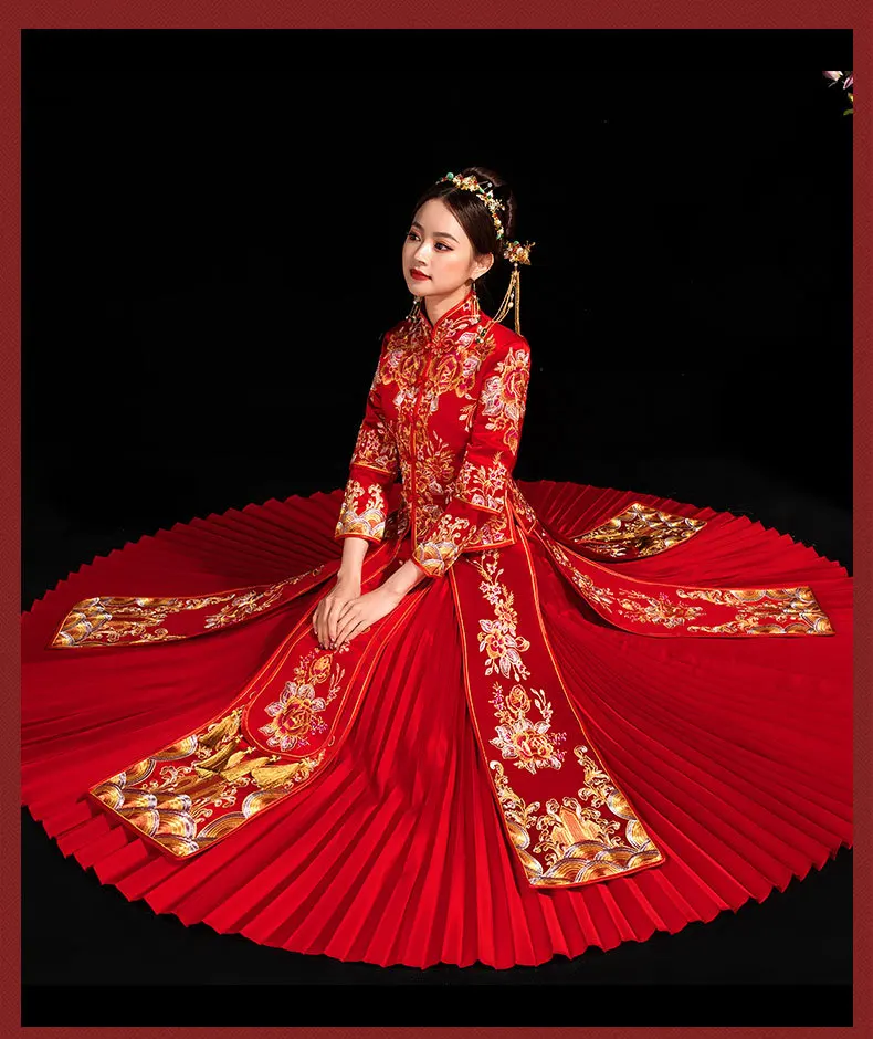 

Big Size Overseas Chinese Wedding Dress Floral Cheongam Embroidery Marriage Set Chinese Style Bride Costume Lady Gift S-6XL