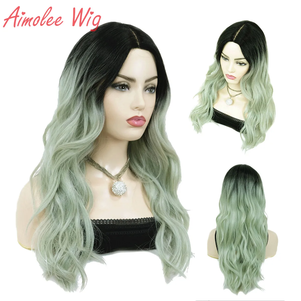 Aimolee Women's Ombre Wigs Hair Mint Green Synthetic Natural Long Curly Part lace Wig For Women