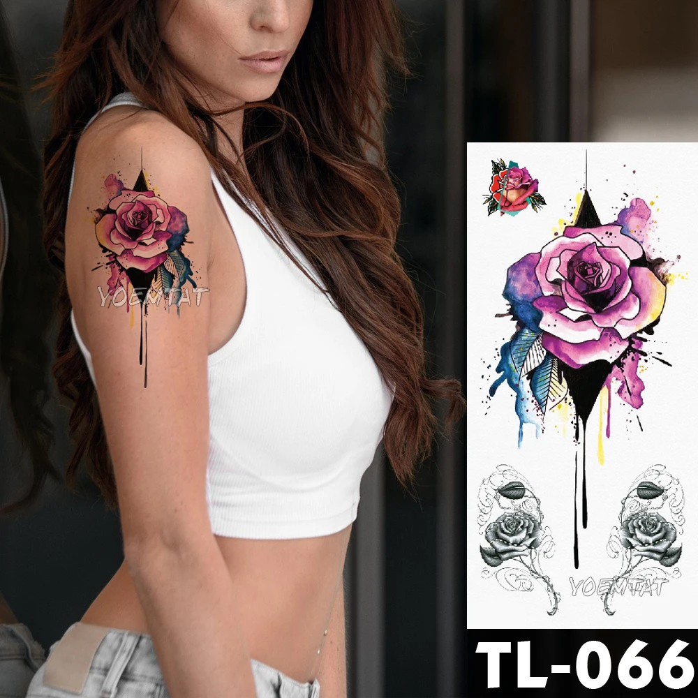 

Water Transfer Watercolor splash ink rose Temporary Tattoo Sticker Arm shoulder Pattern body art Waterproof Fake Flash Tattoo