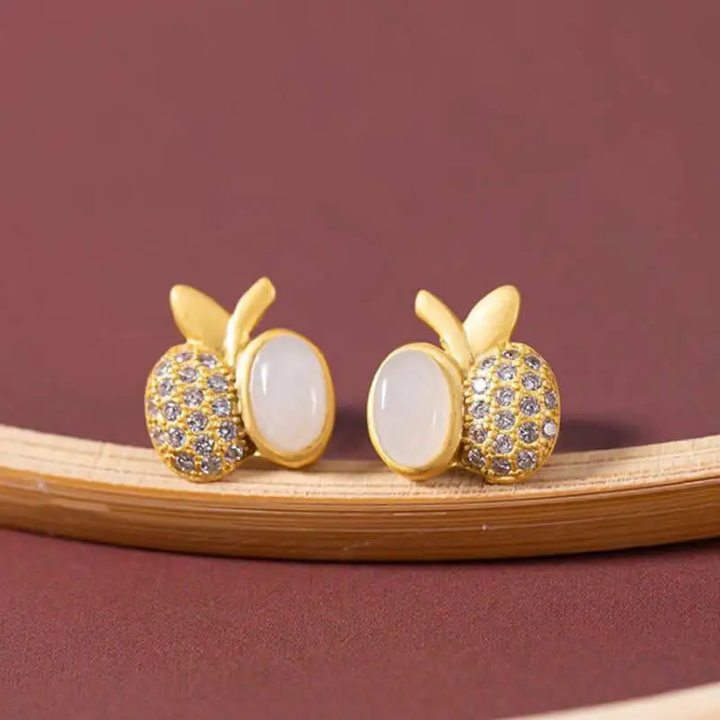 

Natural White Jadeite Earrings S925 Silver Pineapple Stud Earrings Sweet Earrings