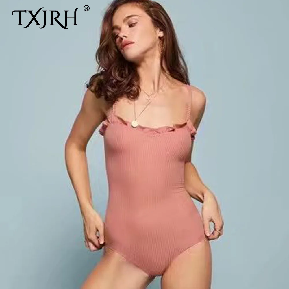 TXJRH сексуальный трикотажный эластичный комбинезон с оборками и деревянными