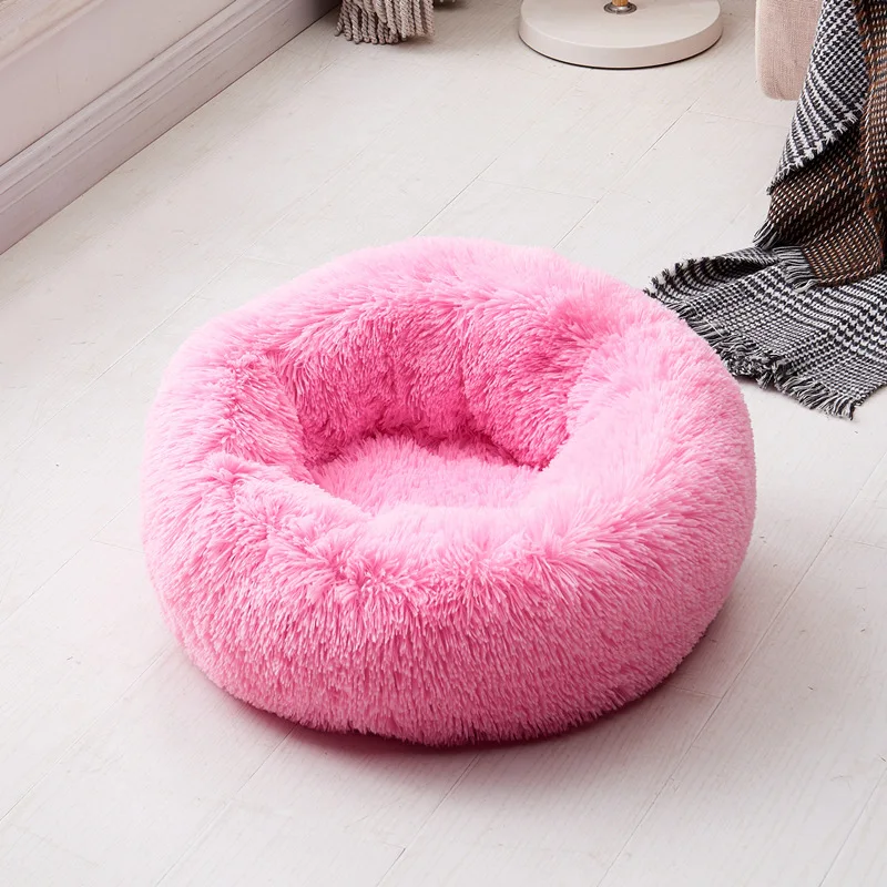 Deep pink Круглые плюшевые кровати для кошек, собак, мягкая длинная плюшевая кровать для кошек, круглая кровать для собак, для маленьких кошек, гнездо для зимнего теплого сна, коврик для щенка - Цвет: Deep pink
