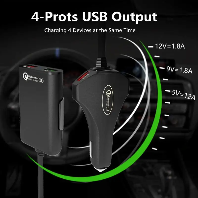 

4USB QC3.0+2.4A+3.1AUSB Car Charger Universal USB Fast Adapter with 5.6ft Extension Cord Cable for MPV Car Phone