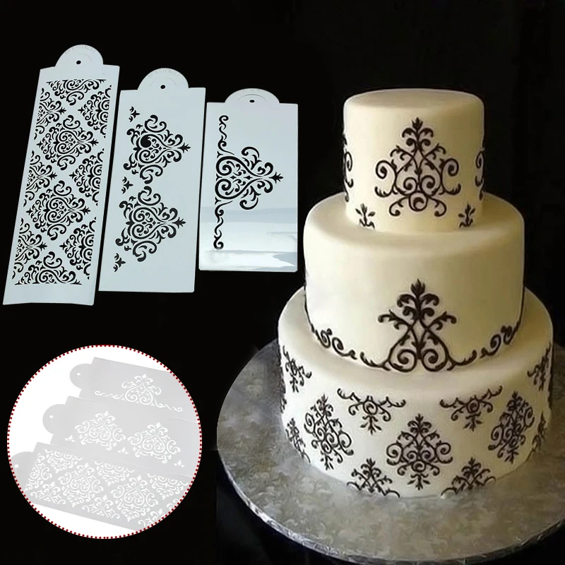 

3Pcs/set Cake Fondant Stencil Mould Hollow Spray Floral Cake Edge Painting Molds Template For Wedding Cake Dessert Decoration