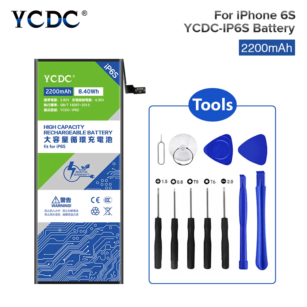 YCDC Real capacity for Apple iPhone 6S 6GS iphone Battery 2200mAh Rechargeable Lithium Polymer Phone Bateria Batteries Free Tool