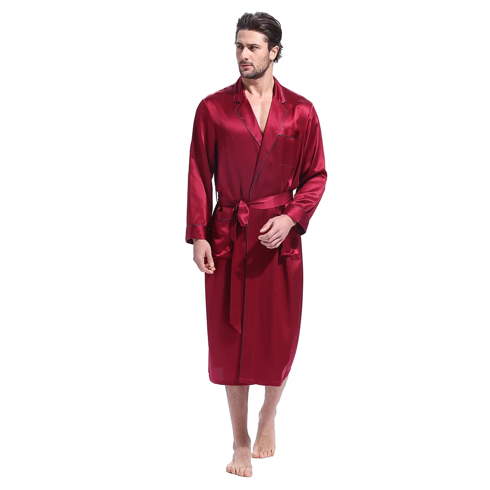 LILYSILK Silk Robe Bathrobe Sleepwear Kimono Men Night Designer Long Sleeve Belt Pockets Brand Turn Down Collar Free Shipping
