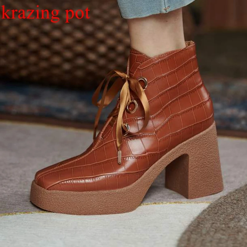 

out of stock cow leather cross-tied round toe platform boots thick high heels gingham prints rivets gladiator chic ankle boots