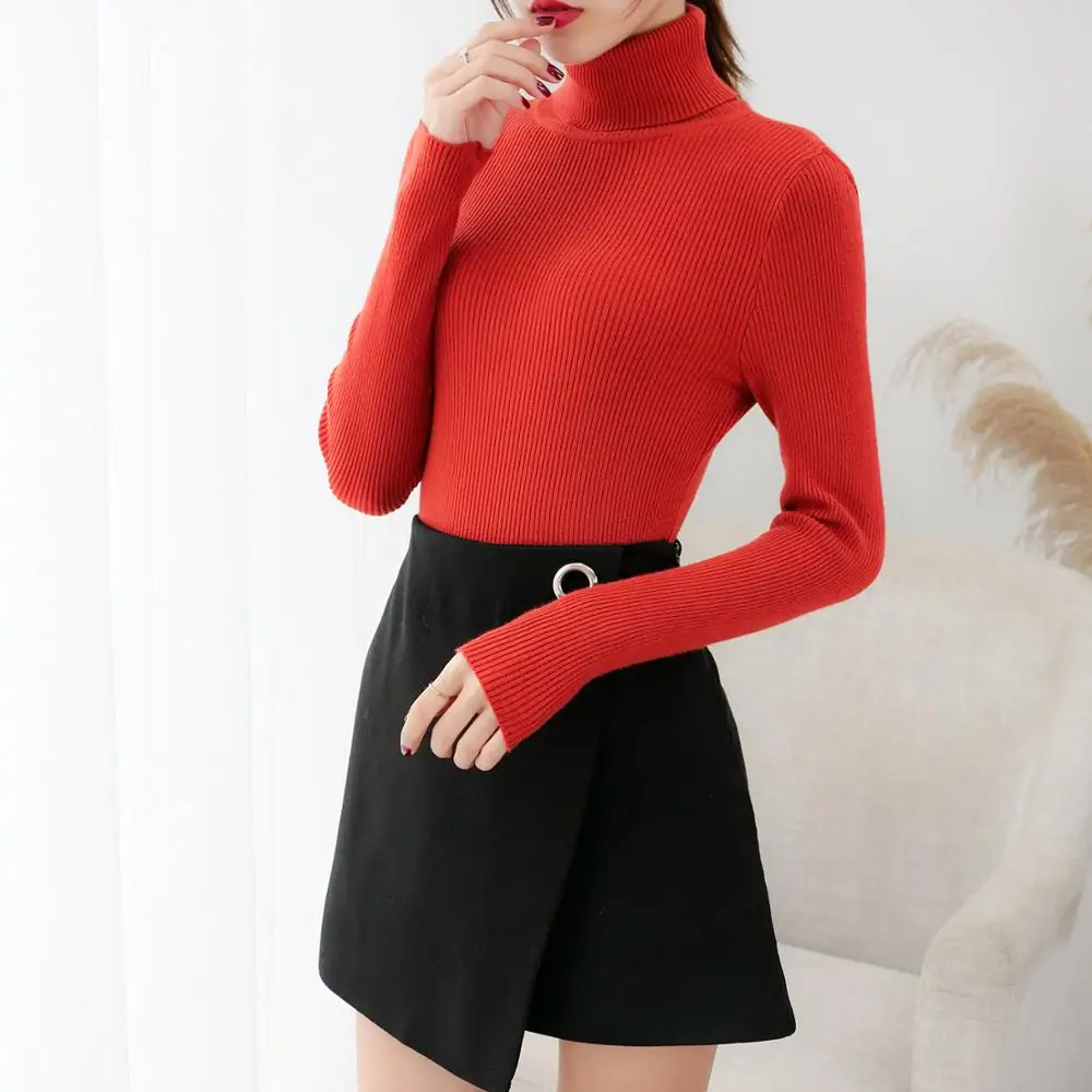 Женский вязаный свитер с высоким воротником пуловер длинным рукавом черный