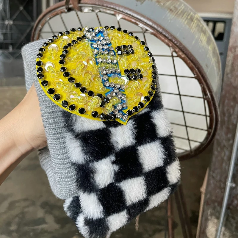 

Complex Craftsmanship Full Diamond Smiley Face Checkerboard Wide Elastic Hairband Knitted Wool Imitation Fur to Keep Warm