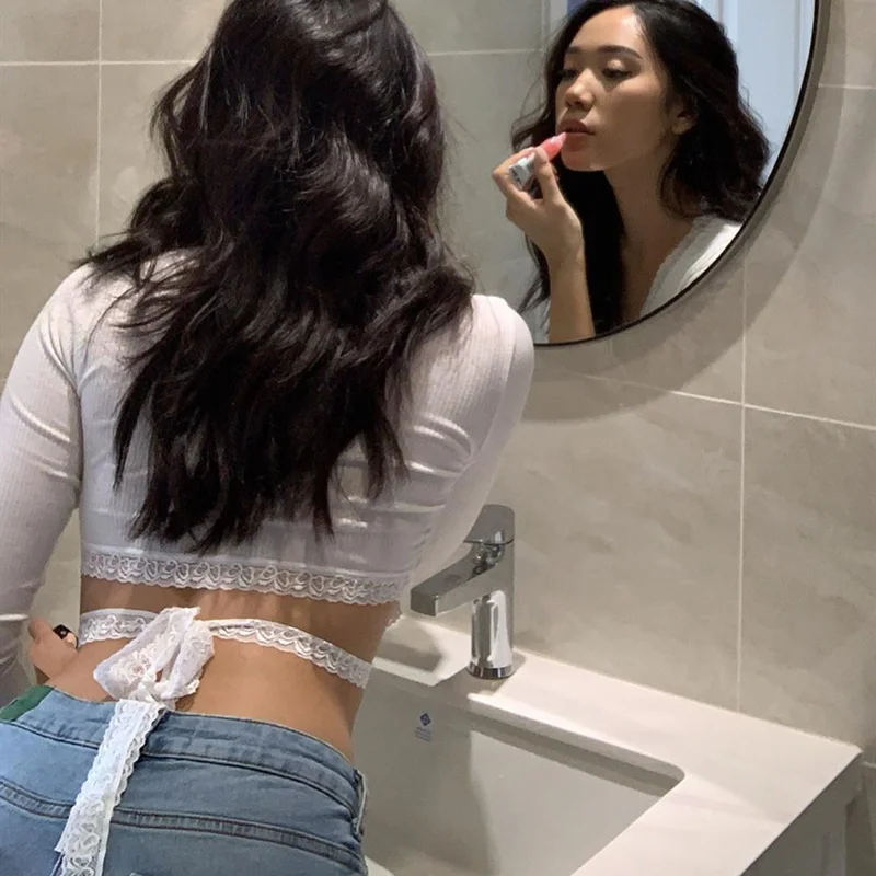 Женский кружевной топ с V-образным вырезом и длинным рукавом | Женская одежда