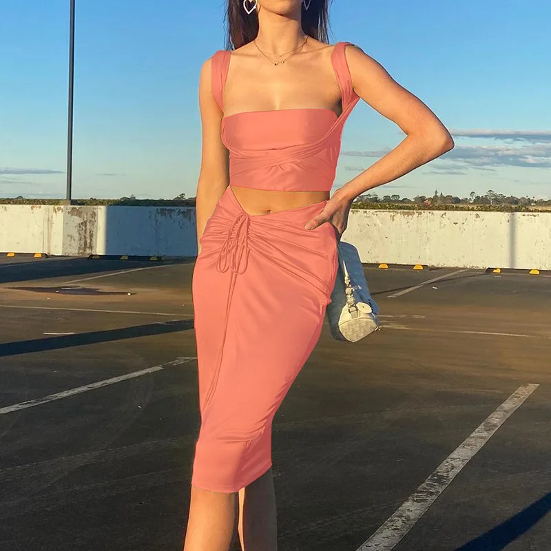 

European and American women's 2021 spring new vest lace-up cross crop top mid-length skirt dress