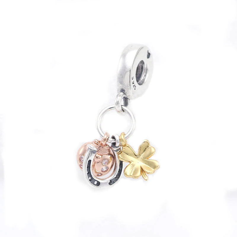 Настоящее 925 пробы серебряный шарм блеск и серебро подковы клевер Божья коровка