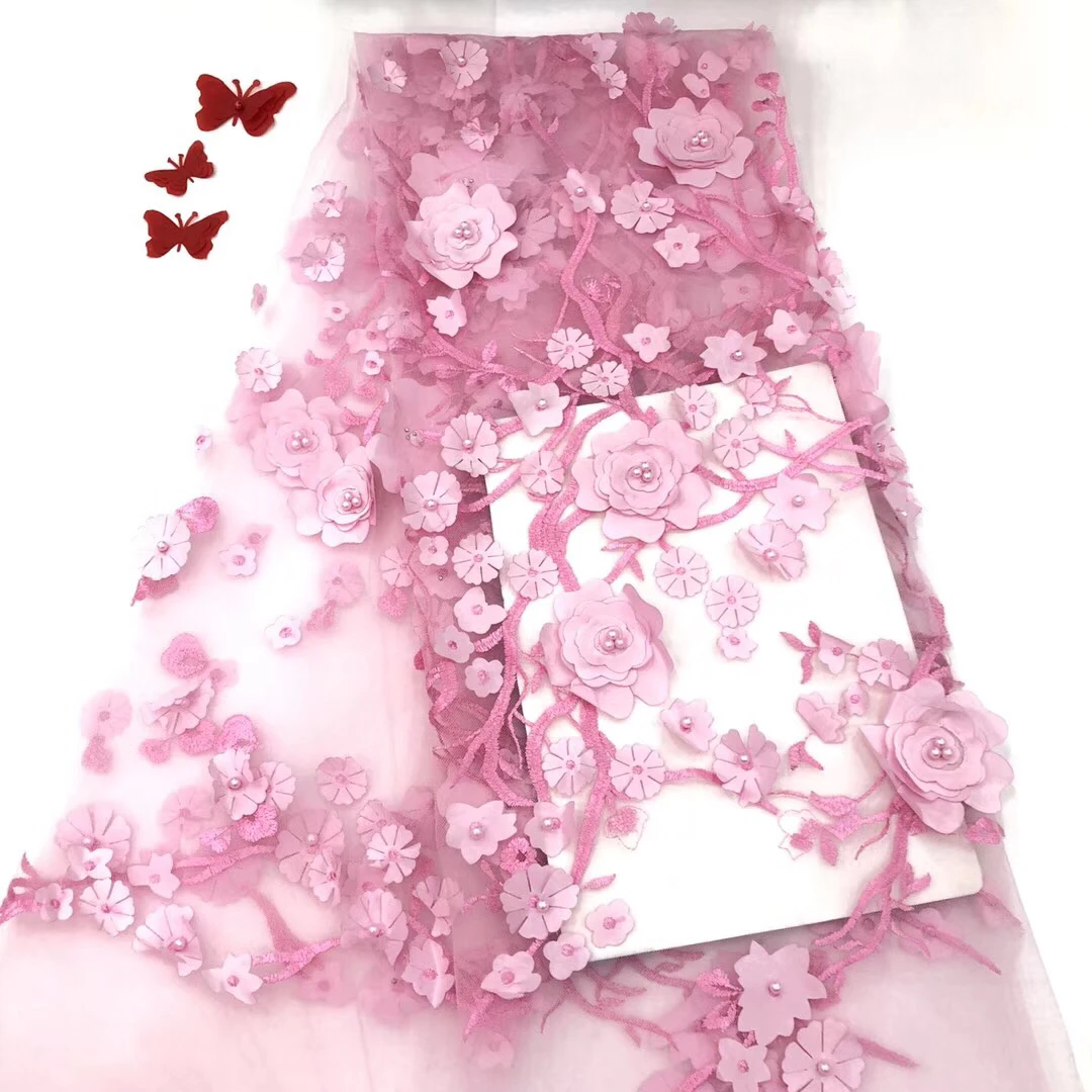 

2018 White African Lace Fabric With Beads Embroidery 3D Lace With Beads Lace Applique For Dress RF27131