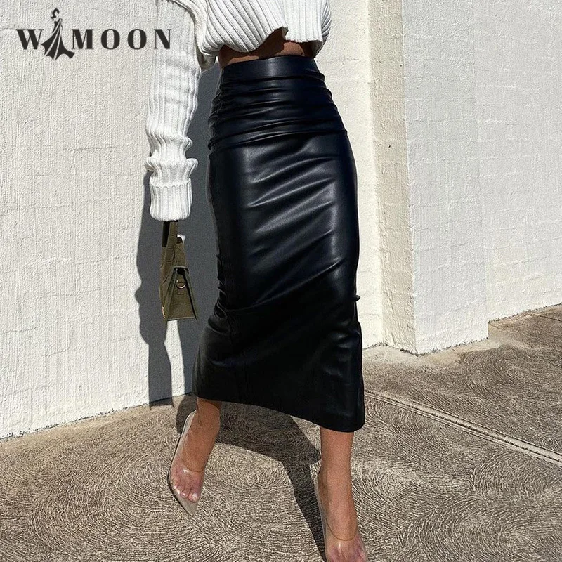

Bright PU Leather Ankle-Length Split Skirt 2021 Autumn Sexy New Temperament Commuter Y2k Party Wedding Evening Club Woman Skirts