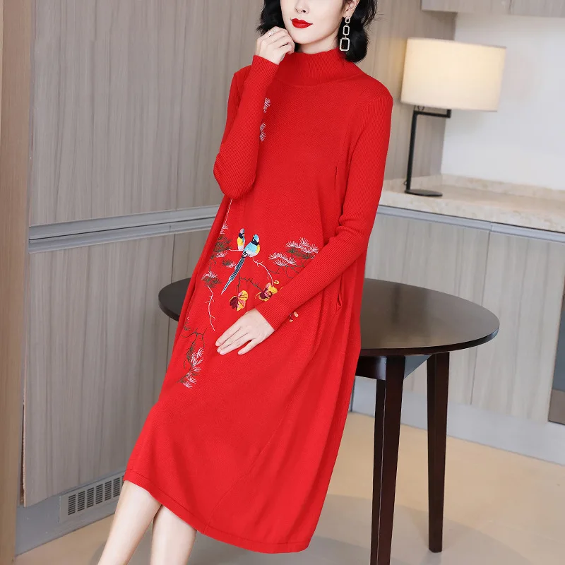 

Long Knitted Red Dress Autumn Winter 2020 New Women's Long Sleeve Dresses