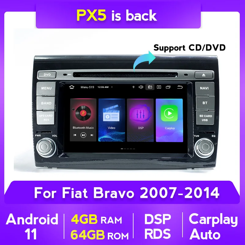 

2DIN DVD Multimedia Player For Fiat Bravo 2007-2014 Android 11 Car GPS Navigation Radio RDS DSP PX5 4+64G 7 Inch carplay