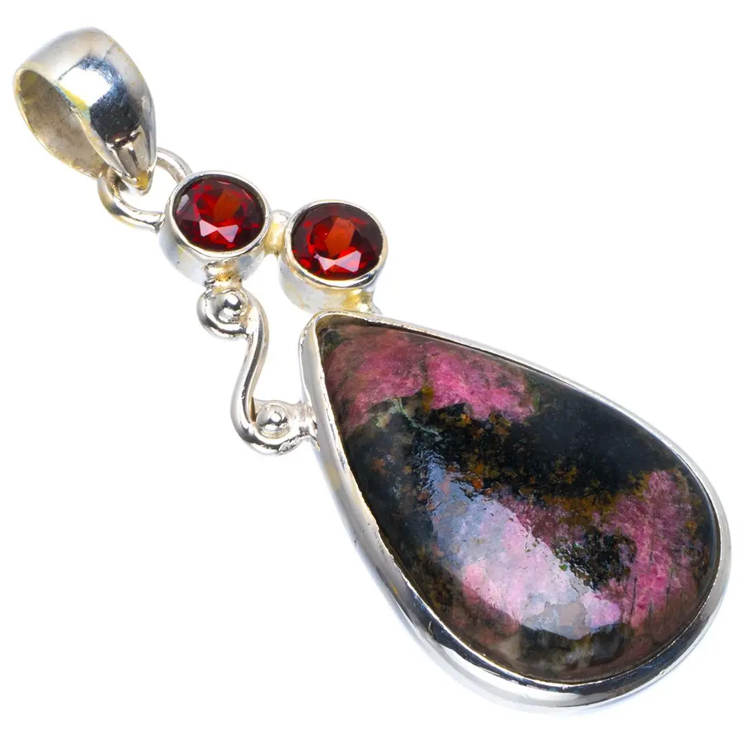 Натуральный Родонит и гранат ручной работы уникальный 925 пробы серебряный кулон 2