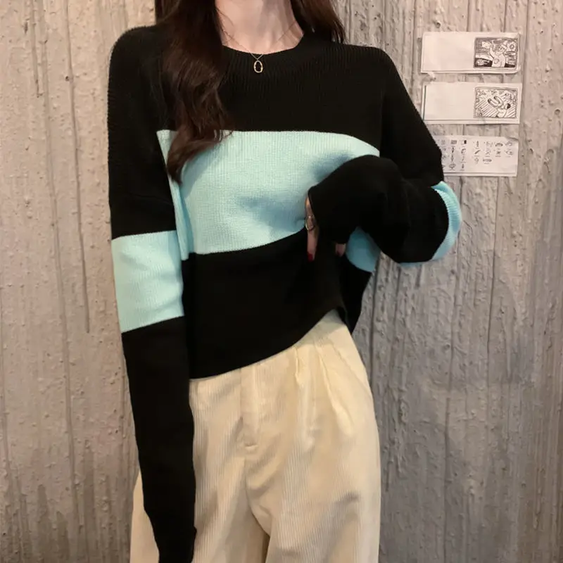 

Casual All -Matching Striped Color Matching Top Sweater for Women Ins Trendy Short Long Sleeve Top Autumn and Winter 2021 New