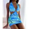 

Geometric Pattern Halter Dress Sets Sexy Women Sleeveless Cutout Front Sundress Party Club Backless Tie Up Short Sheath Dress